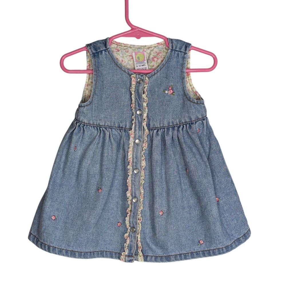 Vintage Y2K 2001 Gymboree Denim Prairie Dress Size 6-12 Mos Floral Embroidery